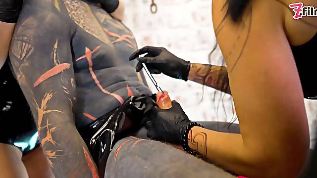Trio rough spandex princesses destroy tattooed slave with deep sounding & urethral masturbating