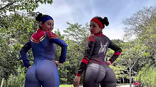 Busty Latina PAWGs In Spider Woman & Captain Marvel Costumes Ride a Cock & Masturbate Up To Squirting