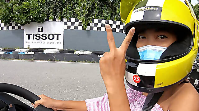 Cute Thai amateur teen girlfriend go karting and recorded on video after