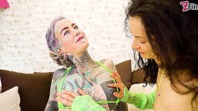 BIG TITS girl joins TATTOO couple for threesome - RIMMING, BJ, FACIAL