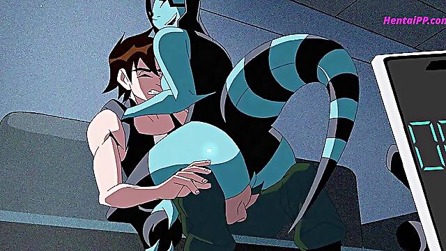 Ben sits on the bed with his pants off as Gwen crawls towards him and