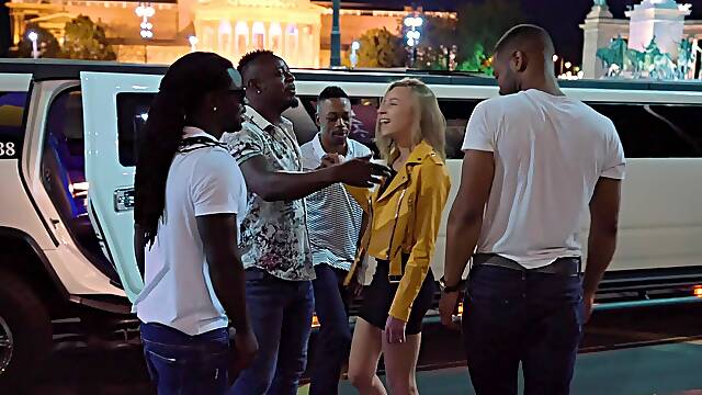 Four guys with huge cocks for a hot blondie in a gangbang