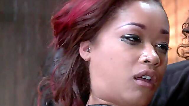 Redhead black thrall hotty Skin Diamond on her knees is handcuffed on the floor and snatch vibrated then belted in squat position booty hooked and cunt screwed with machine on device servitude