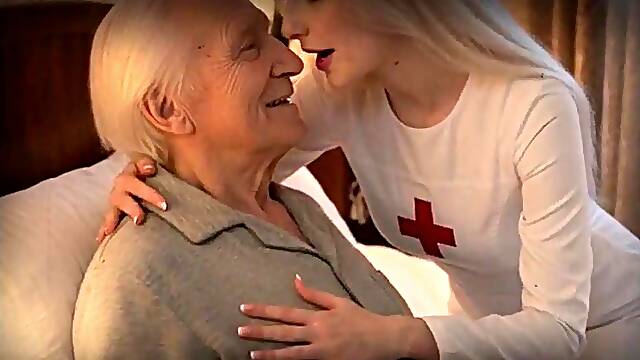 Nurse Katia seduces the grandad, and this chab, with his goth-hard dick, bangs her until that babe swallows all his cum - AI-generated content