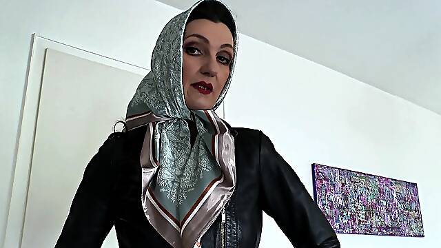 Satin Headscarf style flash, Satin Headscarf and Leather Jacket, JOI gal Victoria Valente