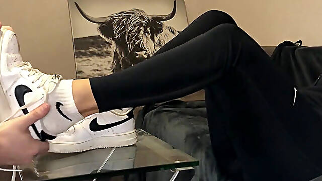 Dirty White Sneaker Worship - Smelly Socks in Face with Valeria Night (side View)