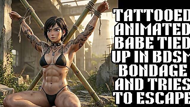 Tattooed muscle babe is tied in BDSM bondage as she tries to free herself and struggles and writhes