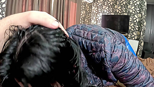 Blue Leather Cameltoe & Downjacket Fetish Sloppy Oral, Spit Play & Cum on Clothes